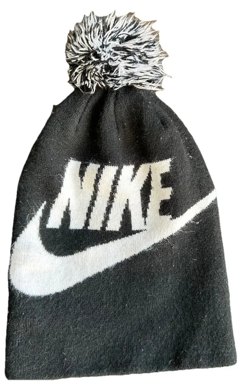 Nike Beanie Hat Black White Swoosh Pom Pom Kids One Size Snow Hiking Cap Hat